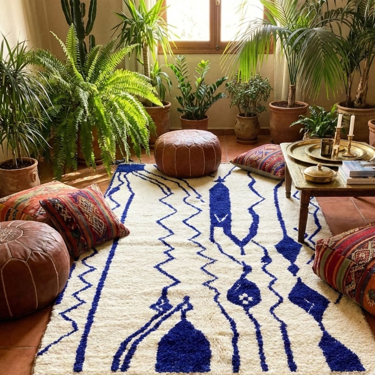 Large Moroccan Rug — Blue Geometric Wool — Modern Berber - Beni Ourain Moroccan rug in Ivory color, 244 x 305 cm