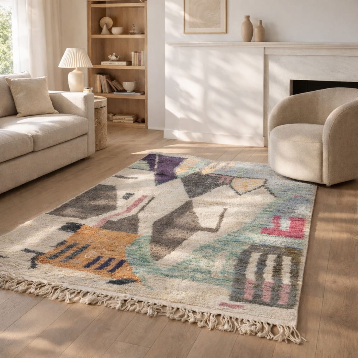 Pastel Moroccan Rug — Ivory Berber Rug — Soft Abstract Style - Beni Ourain Moroccan rug in Ivory color, 122 x 183 cm