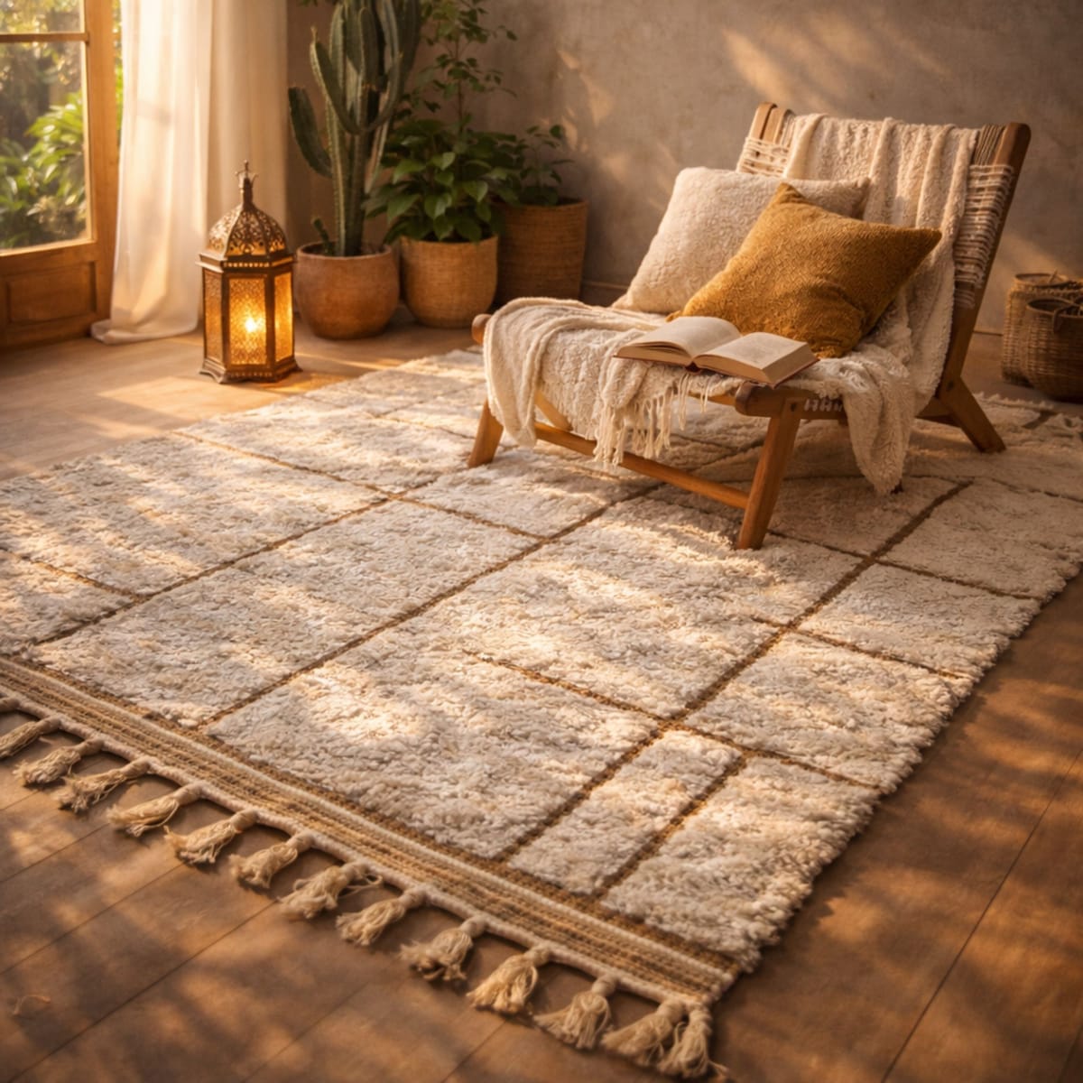 Custom Moroccan Rug — Ivory Berber Rug — Minimalist Grid - Beni Ourain Moroccan rug in Ivory color, 122 x 183 cm