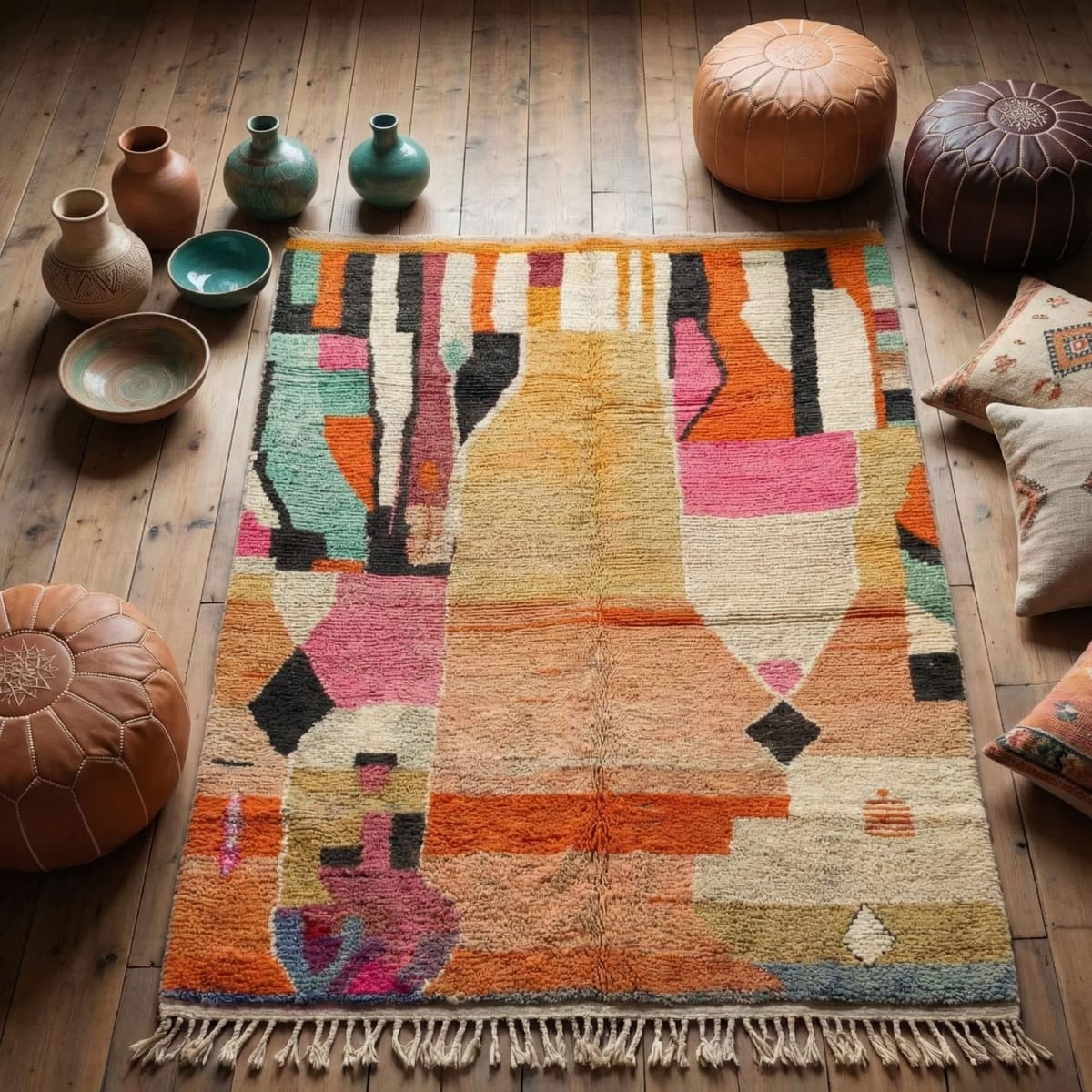 Moroccan Rug 8x10 — Abstract Berber Rug — Modern Colorblock Style — Ivory - Beni Ourain Moroccan rug in Ivory color, 122 x 183 cm